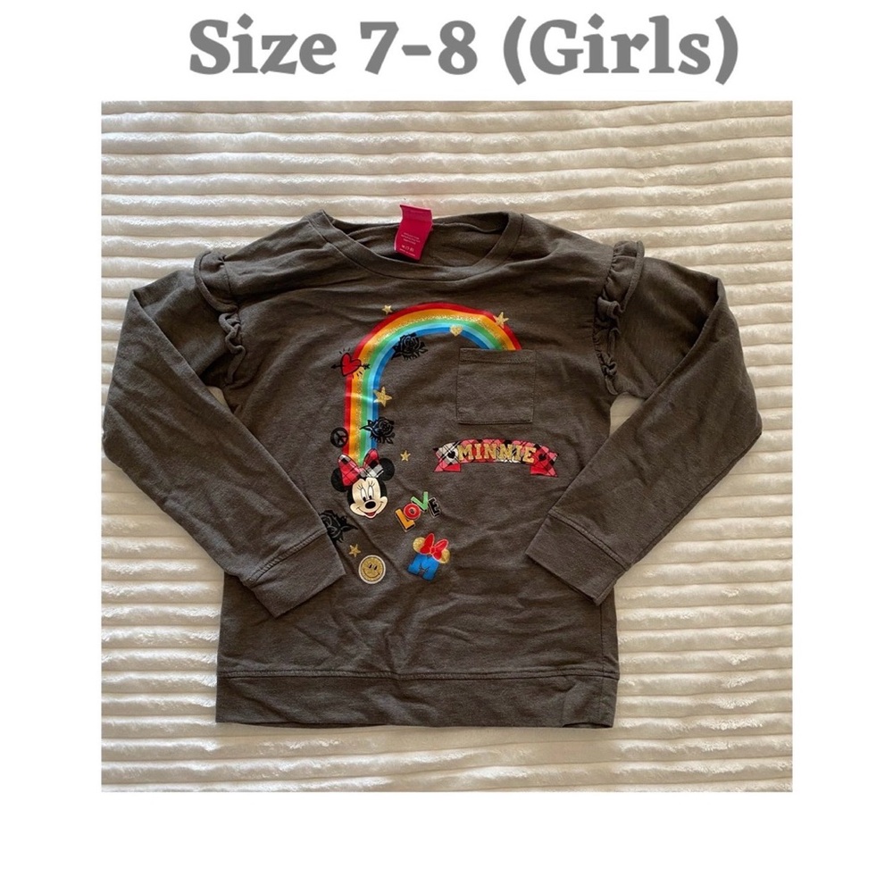 Disney Girls Gray T-Shirt Minnie Mouse Ruffle Glitter Long Sleeve M 7-8